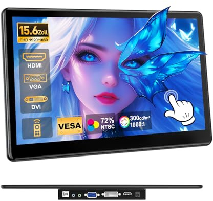Ueplain Monitor táctil portátil de 15,6 Pulgadas con Puertos HDMI, VGA DVI, Pantalla táctil IPS FHD de 1920×1080P, para Laptop, PC,PS5/4, Uso Industrial, Extensor de Pantalla, Altavoces