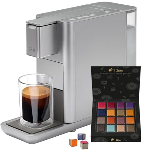 Tchibo Qbo ICONIC Premium Kapselmaschine inkl. 16 recyclebaren Qbo Kaffeekapseln für Espresso, Caffè Crema und Caffè Grande, hochwertiges, kompaktes, innovatives Design, Frozen Silver, Grau