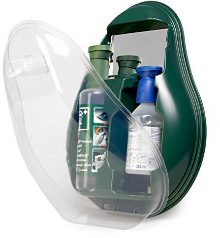 MedX5 (Upgrade 2020) Ducha ocular de emergencia, producto para el lavado de ojos con suero fisiológico (0,9 %) y solución tamponada BioPhos®74, estación de lavado ocular con espejo