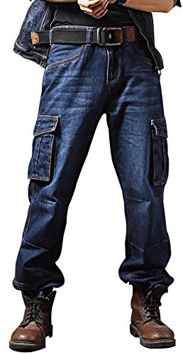 Idopy Casual Moto Vêtements de Travail Multi Pockets Denim Biker Cargo Jeans Pantalons Bleu 30