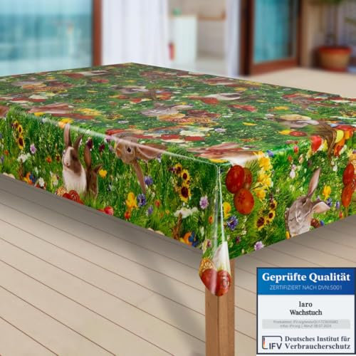 laro Wachstuch-Tischdecke Abwaschbar Garten-Tischdecke Wachstischdecke PVC Plastik-Tischdecken Eckig Meterware Wasserabweisend Abwischbar |53|, Muster:Ostern Blumenwiese Hase, Größe:100x160 cm