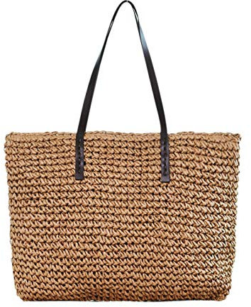 Faletony Sommer Stroh Strandtasche Groß Umhängetasche Shopper Handtasche Crossbody Strohtasche für Damen Mädchen Frau, Kaffeebraun/Weiß (Kaffeebraun)