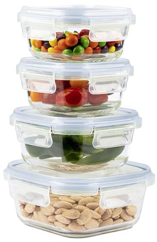Home Fleek Frischhaltedosen Mit Deckel – Luftdichte Behälter Für Lebensmittel, Glas Schüssel Mit Deckel Set Sicher Für Mikrowelle Und Gefrierschrank | Meal Prep Boxen Glas (4 Quadrat Behälter, Blau)
