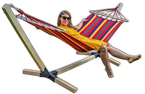 Hängematte im Set mit Buchenholzgestell 320 cm | Bis zu 150kg | Outdoor Hängemattengestell Holz Gestell wetterfest, Stabhängematte (Rot)