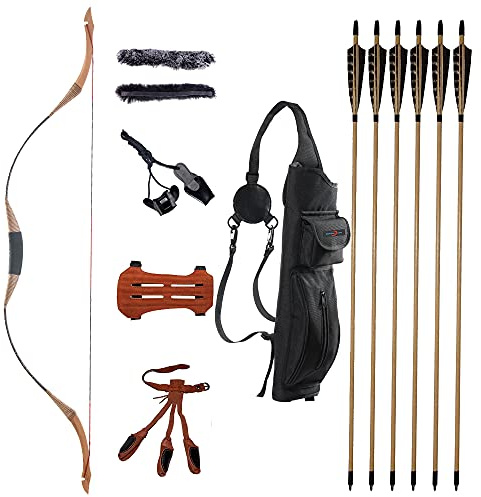 TOPARCHERY 53'' Archery Traditional Recurve Bow Set 30-50 lbs Hunting Handmade Horse Bow Longbow with 6X Wood Arrows Finger Guard Arm Guard Arrow Quiver (50)