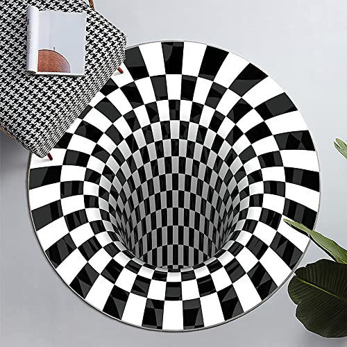 Hillylolly 3D Illusion Vortex Carpet, Optical Swirl Rug, Round Bottomless Hole Mat, Checkered Black and White for Home Bedroom Living Room (78 * 78cm) (A)