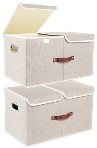 TYEERS Extra Large Storage Box with Lids and Compartments, Collapsible, Washable, Fabric Box with Lid for Clothes, Wardrobe Storage, 55x33x30 cm, Set of 2, Beige