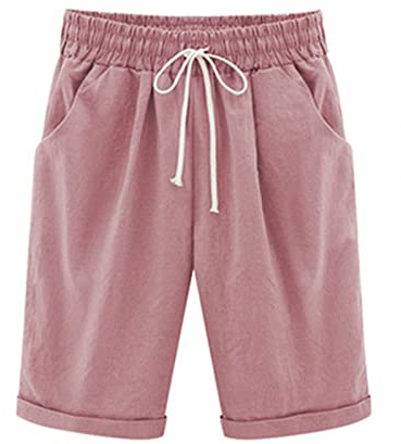 oglccg Women Half pant Plus Size Knee Length Cotton Linen Shorts w/ Pockets Summer Solid Beach Vacation Straight Leg Trousers Drawstring Elastic Waist Bermuda Shorts Casual Work Shorts, #09 Pink, 4XL