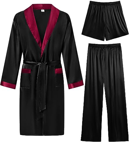 SWOMOG Men's 3 Pcs Robe Silk Satin Kimono Bathrobe with Shorts&Pants Set Lightweight Soft Sleepwear