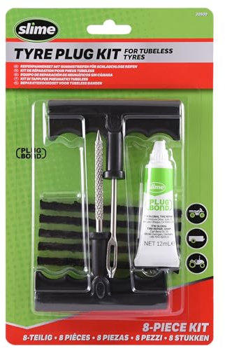 Slime 20500 Kit de Réparation de Pneu avec Alésoir et Porte-Mèche, Mèches de Taille Moyenne Extrêmement Résistantes, Poignée en Forme de T et Colle à Mèche, Lot de 8 Pièces
