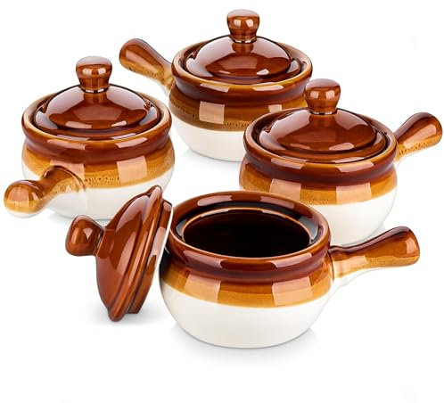 LOVECASA Juego de 4 Soperas de Porcelana 480 ml, 11,5 cm x 9,7 cm con Tapa y Asa, Tazones para Sopa de Cebollas Soupe à l'Oignon, Sopa de Carne y Verduras, Caldo, Lasaña, Apto para Horno y Microondas