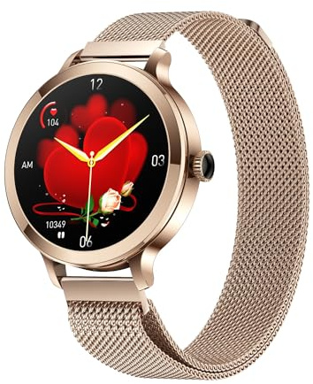 Reloj inteligente para mujer con llamadas Bluetooth, reloj inteligente para teléfonos iPhone y Android, relojes de seguimiento de fitness con contestar/hacer llamadas, impermeable, frecuencia (Oro)