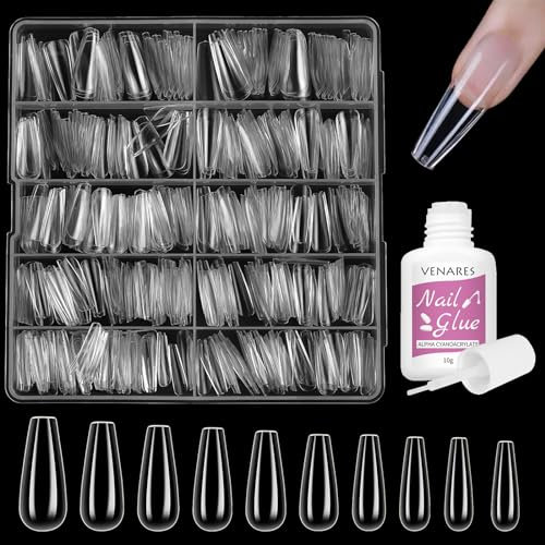 Nagel Tips Set mit Kleber, Venares 500 Stück Künstliche Nägel Set 10 Größen Nageltips für Gelnägel, Fake Nägel Tips für Gelnägel Set, Soft Gel Nägel Tips Set mit Kleber