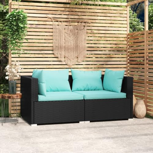 QZZCED Ensemble de meubles de balcon, de terrasse, de jardin, canapé 2 places, avec coussins, en polyrotin, noir, pour jardin, terrasse et balcon