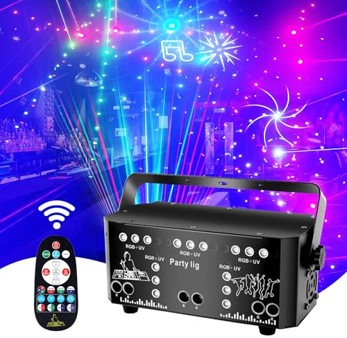 BOWEICORE Luces Discoteca, 21 Eye RGB UV Estroboscópico Efecto Luces Fiesta, con Control Remoto, Luz Discoteca DMX512 Controladas por Música para Bar Club Reunión Familiar Boda Cumpleaños Halloween