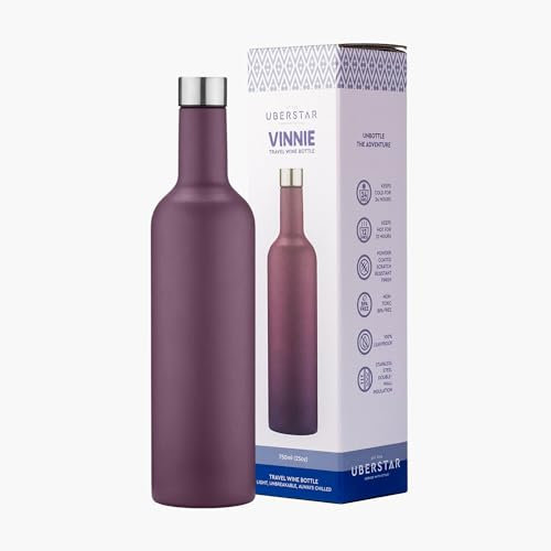UBERSTAR VINNIE Stainless Steel Insulated Travel Wine Bottle 750ml / Hot or Cold Drinks/Reusable Flask Screw Top/Water Wine Juice (Mauve)