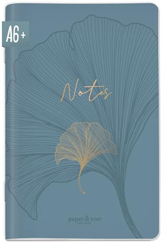 paper&you® Notizheft A6+ Punktraster Blue Ginkgo mit 64 Seiten, Notizbuch klein, Mini dotted Journal - nachhaltig & klimafreundlich