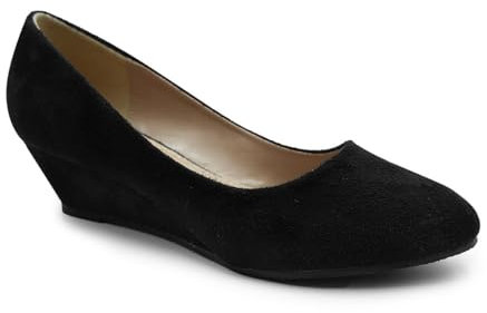Fashion Thirsty Womens Ladies Court Shoes Low Wedge Heel Comfort Cushioned Work Office Heels Wide Fit Fitting Wedges Shoe Black Faux Suede