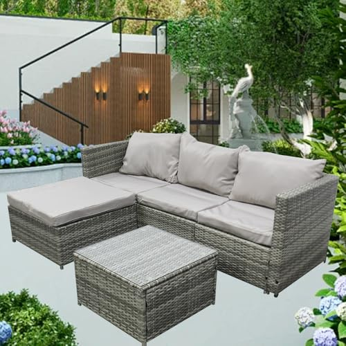 4 Seater Outdoor Rattan Garden Furniture Classical Corner Dining Set with sponge padded water resistant cushions and Tempered Glass Table good for Garden, Backyard (Sofa Mixed Grey with Grey Cushion)