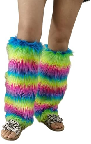 Watreketal Jambiere,Chauffe-jambes pelucheux pour femmes et filles couvre-jambes en peluche arc-en-ciel esthétique Vintage fête des années 80 longueur aux genoux chaussettes longues