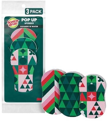 Scotch-Brite Christmas Pop-Up Sponges, 3 Pieces per Pack, Unique Compressed Sponges That Expand in Water, Festive Red and Green Pattern