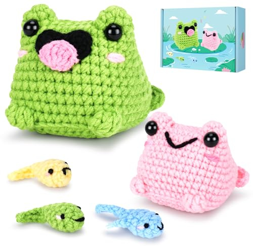 Crochet Kit for Beginners - Frog Family Crochet Kits with Step-by-Step Video Tutorials, Beginner Crochet Kit for Adults, 2 PCS Frogs and 3 PCS Tadpoles Crocheting Set