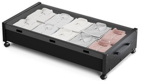 KITHELP Cassettiera sotto il letto in legno con ruote, con coperchio rimovibile, cassetti in metallo sotto il letto, per vestiti e scarpe in camera da letto o soggiorno (confezione da 1)