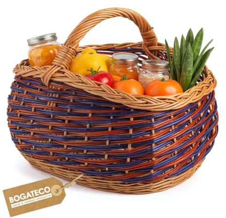 BOGATECO Cesta de mimbre natural con asa | Cesta grande de la compra 40 x 22 x 30 cm, tejida a mano, disponible en dos colores, cesta de almacenamiento/azul