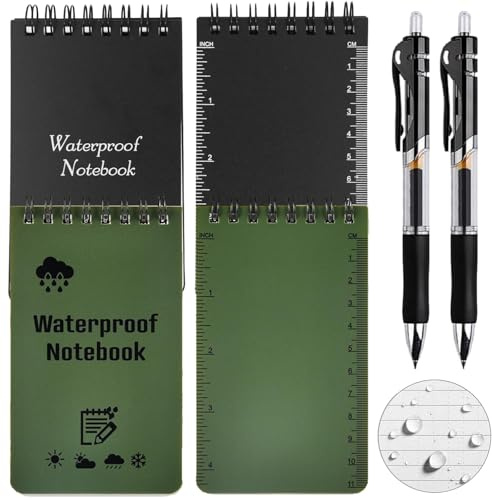 SZQIUNUBI 6 Pezzi Quaderno Impermeabile,Taccuino Tascabile Impermeabile,Taccuino Tattico Impermeabile,All Weather Blocco Note a Spirale Portate 2 Penne per Attività Militari All'Aperto (Nero, Verde)