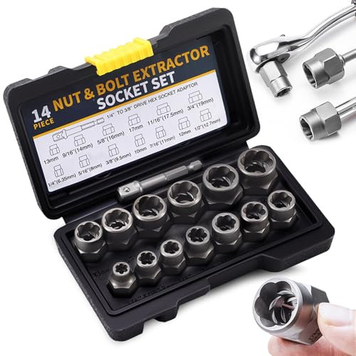 14 PCS Bolt Extractor Set, Impact Bolt Lug Nut Remover Kit Bolt Extractor Set Stripped Lug Nut Remover Bolt Extractor Socket Set for Damaged Frozen Studs Rusted Bolts Nuts Screws