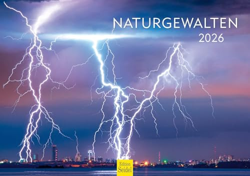 Edition Seidel Calendario Premium Naturgewalten 2026, formato DIN A3, calendario de pared, calendario natural, luces del norte, géiser, glaciar, volcán, rayos, cascada