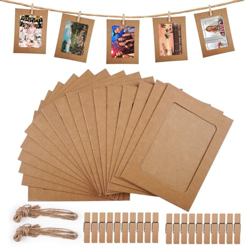20 Pezzi Cornice di Carta,15,5 x 11,5cm Cornice di Carta per Foto,DIY Marrone Portafoto con 20 Mollette di Legno e 2m Corda di Canapa,Portafoto Cartoncino per Feste di Compleanno,San Valentino,Natale