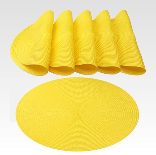 AGYO Lot de 6 Sets de Table Ronds tressés Ø 38 cm - Dessous de Plat en PP Jaune Soleil, antidérapant, Lavable et Enroulable - Décoration Moderne pour Table, Cuisine et extérieur