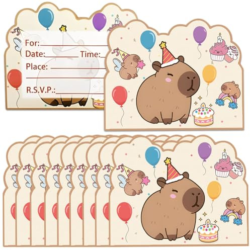 GVMJHYK Capybara Inviti di Compleanno per Bambini,10PCS Capybara Biglietti di Invito per Il Compleanno,Inviti Festa Capybara dei Bambini con Buste,Set di Decorazioni per Feste di Compleanno