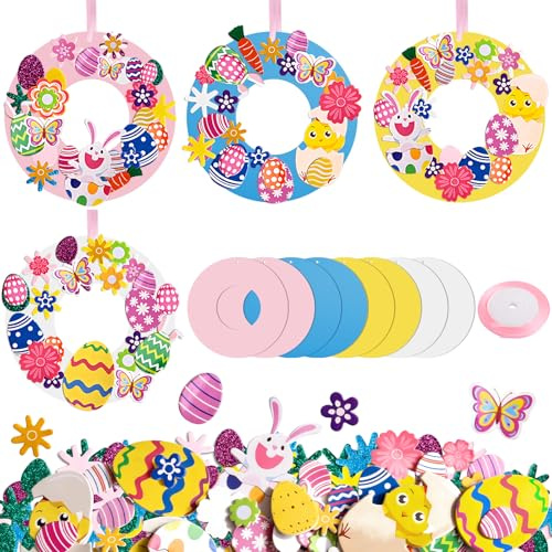 HGRGHH 8 Piezas Coronas de Manualidades Pascua para Niños, Decoracion Hogar Pascua con Espuma EVA, Fiesta de Regalo de Pascua de Bricolaje con Pegatinas Purpurin, Conejos, Huevos, Zanahoria