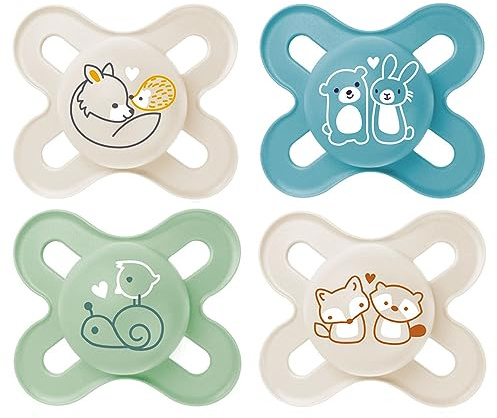 MAM skin soft silicone dummy start especially for early and newborns extra small // 0-2 months Boy // set of 4 // incl. 2 sterilised transport boxes.