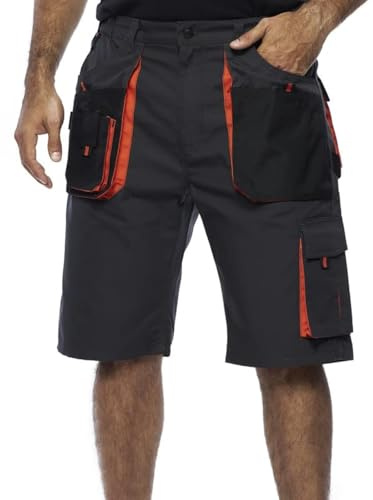 Pantaloni Corti Lavoro Uomo, Estivi Pantaloncini da Lavoro, Taglie Grandi Fino S-3XL, Multi Tasche, Bermuda da Lavoro, Abbigliamento Uomo (L, Nero/Arancione)