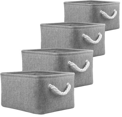 Mangata Small Soft Linen Storage Boxes, Multi-Size, Rectangular Organiser Baskets for Shelves, Toys, and Clothes, 4 Pack, 31x21x16 cm(Grey, S)
