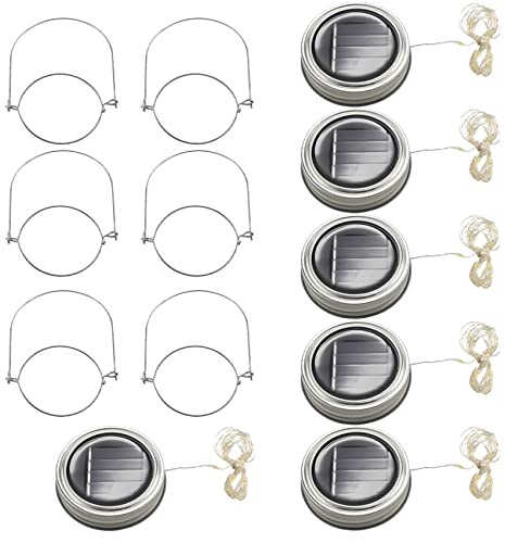 Hopbucan Solar Luci Coperchio Vaso, 6 Confezione 20 Led Jar Coperchi Luci, 6 Ganci nel Dotazione (Vasetti Non Inclusa), Patio con Giardino Solari Laterns Lampade Da Tavolo Decor