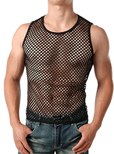 ROSVAJFY Canotta Sexy Rete Uomo, Maglietta a Maglia Trasparente T-Shirt Senza Maniche, Vest Camicie Muscolari Sportive Traspiranti ed Elastiche Men,Tank Top Gilet Intimo per Clubwear (S, Grande Rete)
