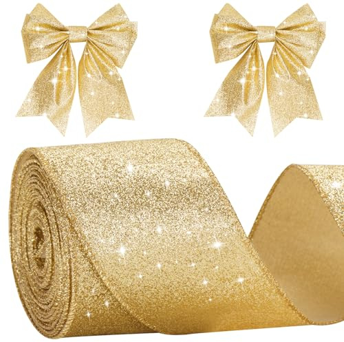 KINGLAKE 6cm Ruban Doré Noel avec Fil - 10m Ruban Cadeau Emballage Brillant, pour Arbres de Noëll, Mariage, Couronnes, Artisanat