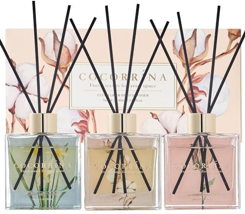Cocorrína Raumduft Reed Diffuser - 3 x 90ml mit 24 Duftstäbchen Kaschmir Vanille/Sandelholz Rose/Sauberes Leinen, Natürlich, Langanhaltend, Home Duft Zimmerduft für Badezimmer Regal Dekoration