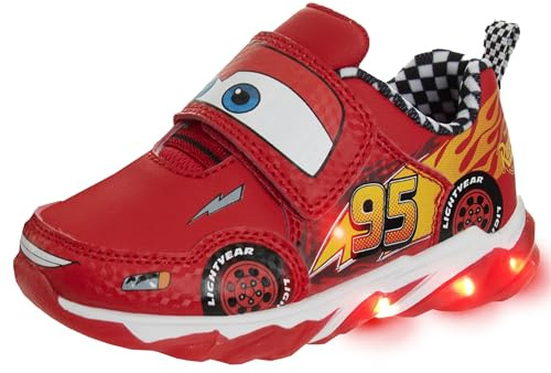 Disney Pixar Cars LED Light Up Sneakers - Lightning McQueen Shoes Kids Lightweight Tennis Breathable Athletic Shoe - Red (Size 12 Little Kid)