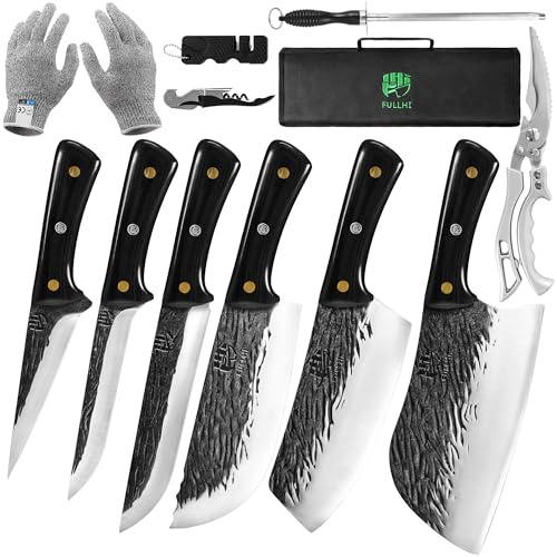 FULLHI Juego de cuchillos de carnicero con tijeras Cuchillo deshuesador forjado a mano Cuchillo de pescado de acero al carbono para cocinar, acampar y hacer BBQ (Negro, Nuevo 12 PCS)