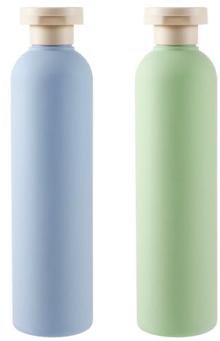 Molain Lot de 2 flacons compressibles de 260 ml en plastique rechargeables avec bouchon à rabat – anti-fuite pour shampooing, crèmes, lotion, après-shampoing (bleu + vert)
