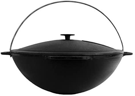 Gusseisen Kazan 12L Schwenktopf Kasan mit Deckel aus Gusseisen Wokpfanne Grill Cast Iron Campingtopf Kessel Asia Wok Traditioneller Gusstopf Grillwok KA12-1