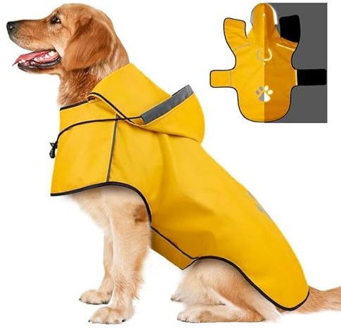 Dog Raincoats Waterproof Coat, Lightweight Hooded Rain Coats with Leash Hole/Reflective Strip/Hoodie, Adjustable Dog Rain Coat Reflective Raincoats for Walking, Yellow - L