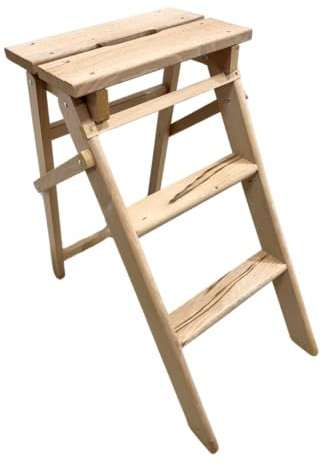 Escalera Plegable de Madera Natural, 3 Peldaños, Taburete Multiusos para Hogar