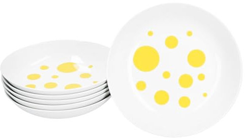 MamboCat Pula Lot de 6 assiettes creuses jaunes I 450 ml I Vaisselle en porcelaine blanche à pois pour 6 personnes I Assiettes creuses pour salade, soupe, céréales, pâtes, etc.