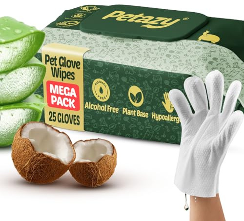 Petazy Pet Glove Wipes for Dogs & Cats – Hypoallergenic Thick Cleaning Gloves with Aloe & Coconut Oil for Paws, Face, Ears & Butt, Instant No Rinse Grooming Wipes to Deodorize and Hydrate, 25 Pack